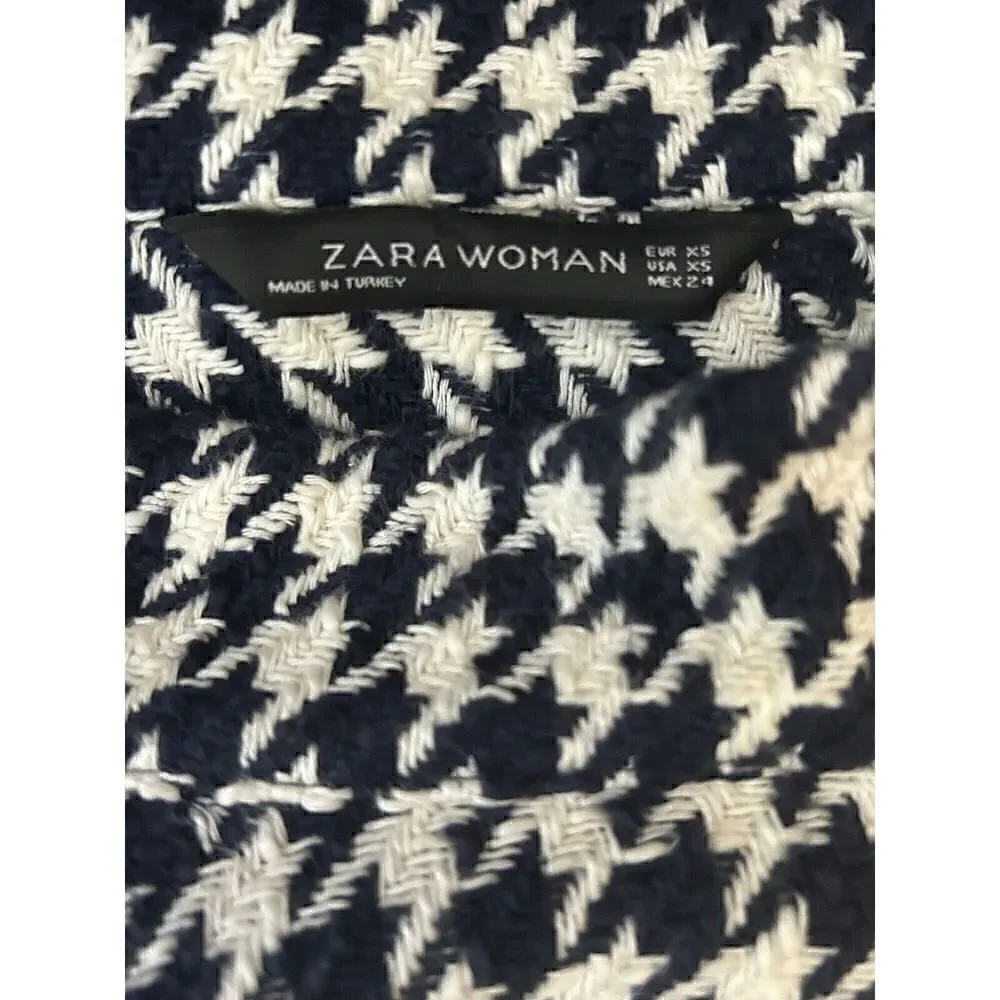 ZARA Blue & White Houndstooth High Neck Sweater Top Sz XS